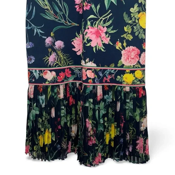 TADASHI SHOJI Olga Navy Floral Midi Dress V-Neck Sleeveless Size 6 flower EUC